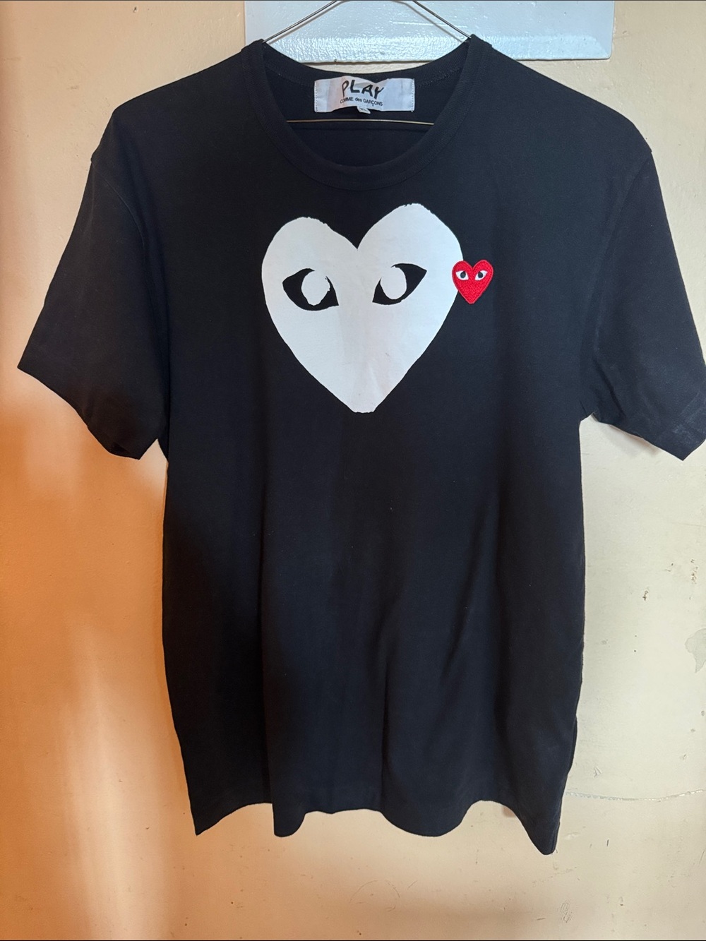 Comme des Garcons PLAY Black Tee with White Heart and Red Heart Logo